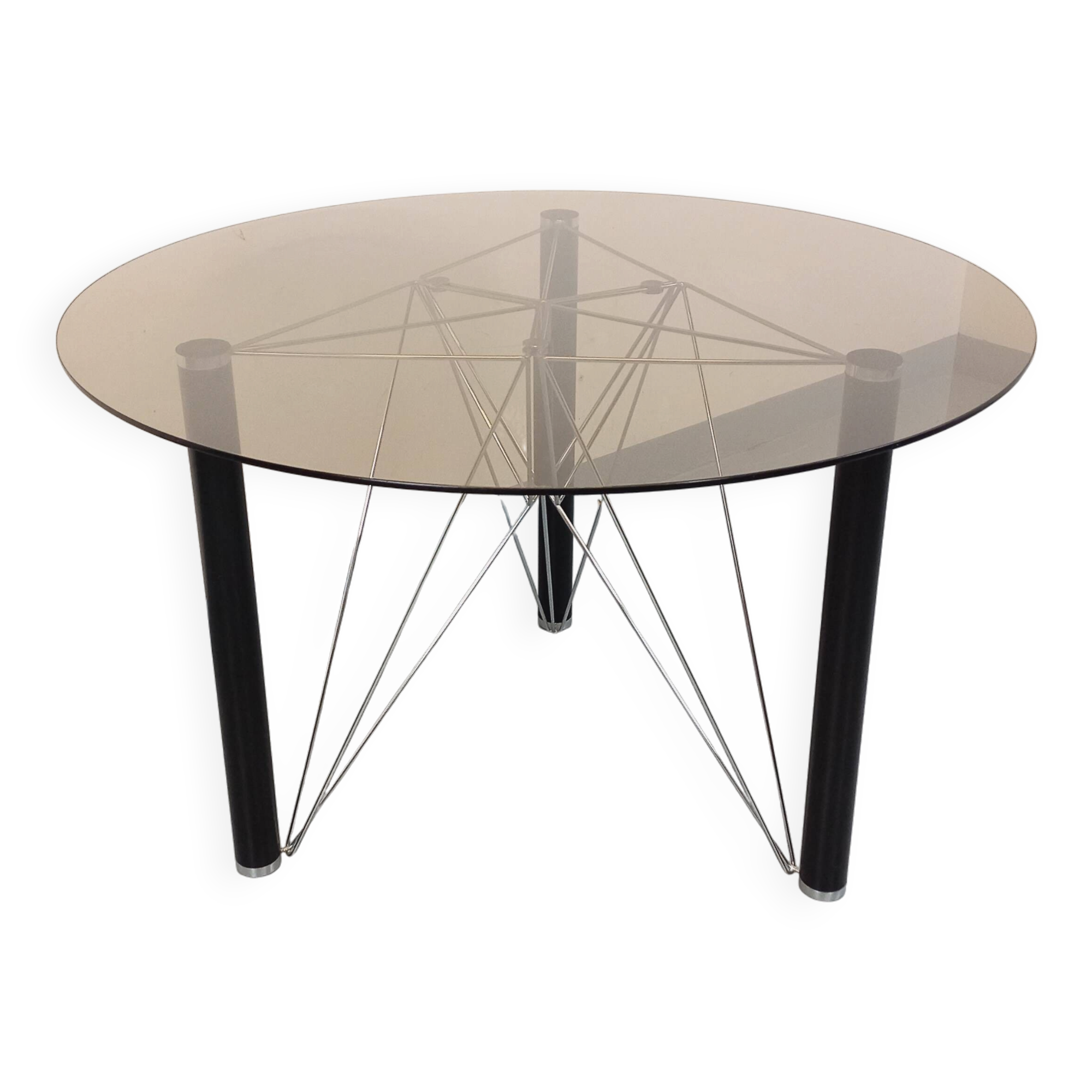 Vintage round dining table in smoked glass, black metal and chrome metal.