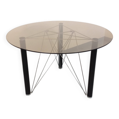 Table à manger ronde vintage en verre fumé, métal noir et métal chromé
