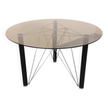 Vintage round dining table in smoked glass, black metal and chrome metal.