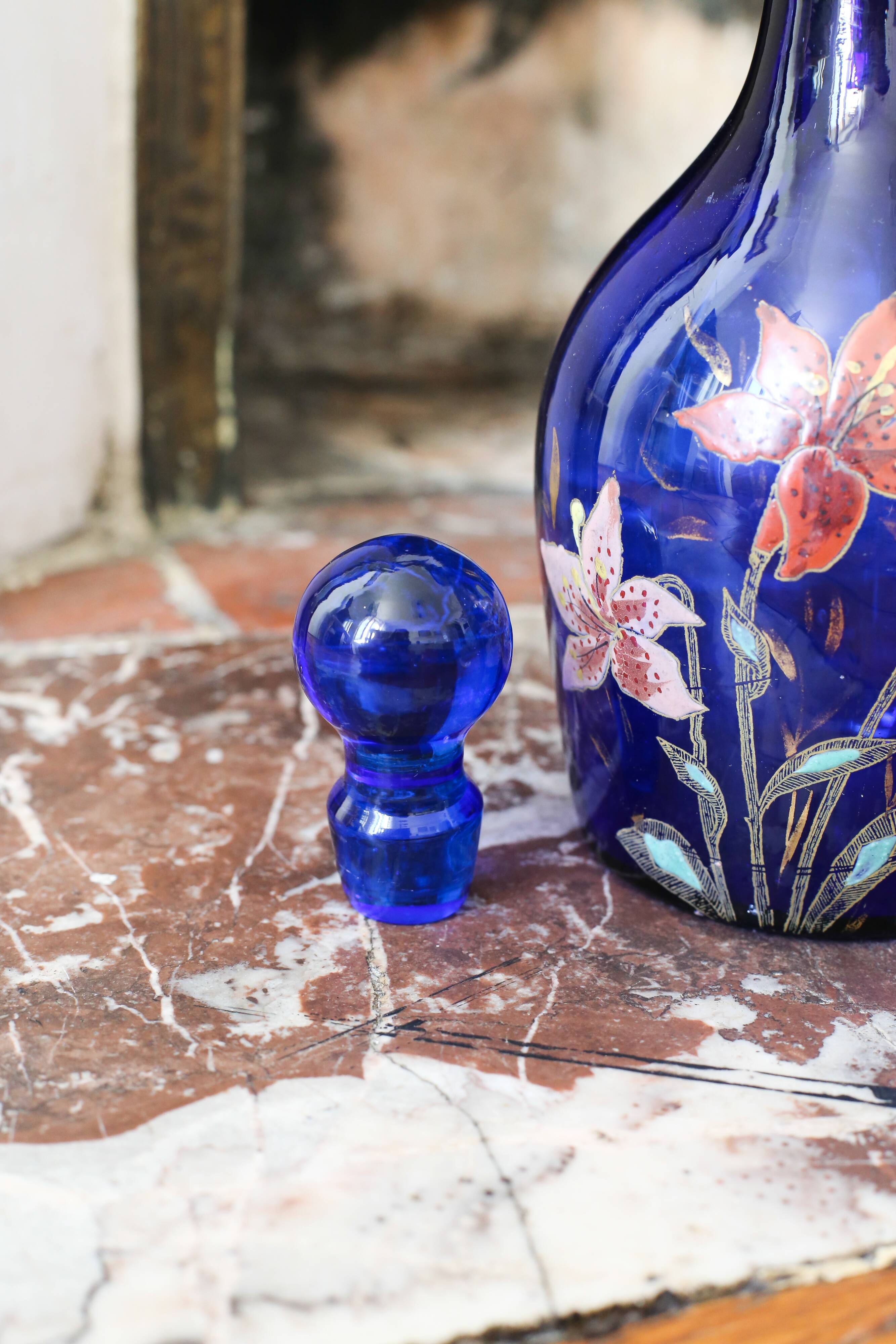 Legras vase, late 19th century, navy blue glass, enamelled with fleur-de-lis.