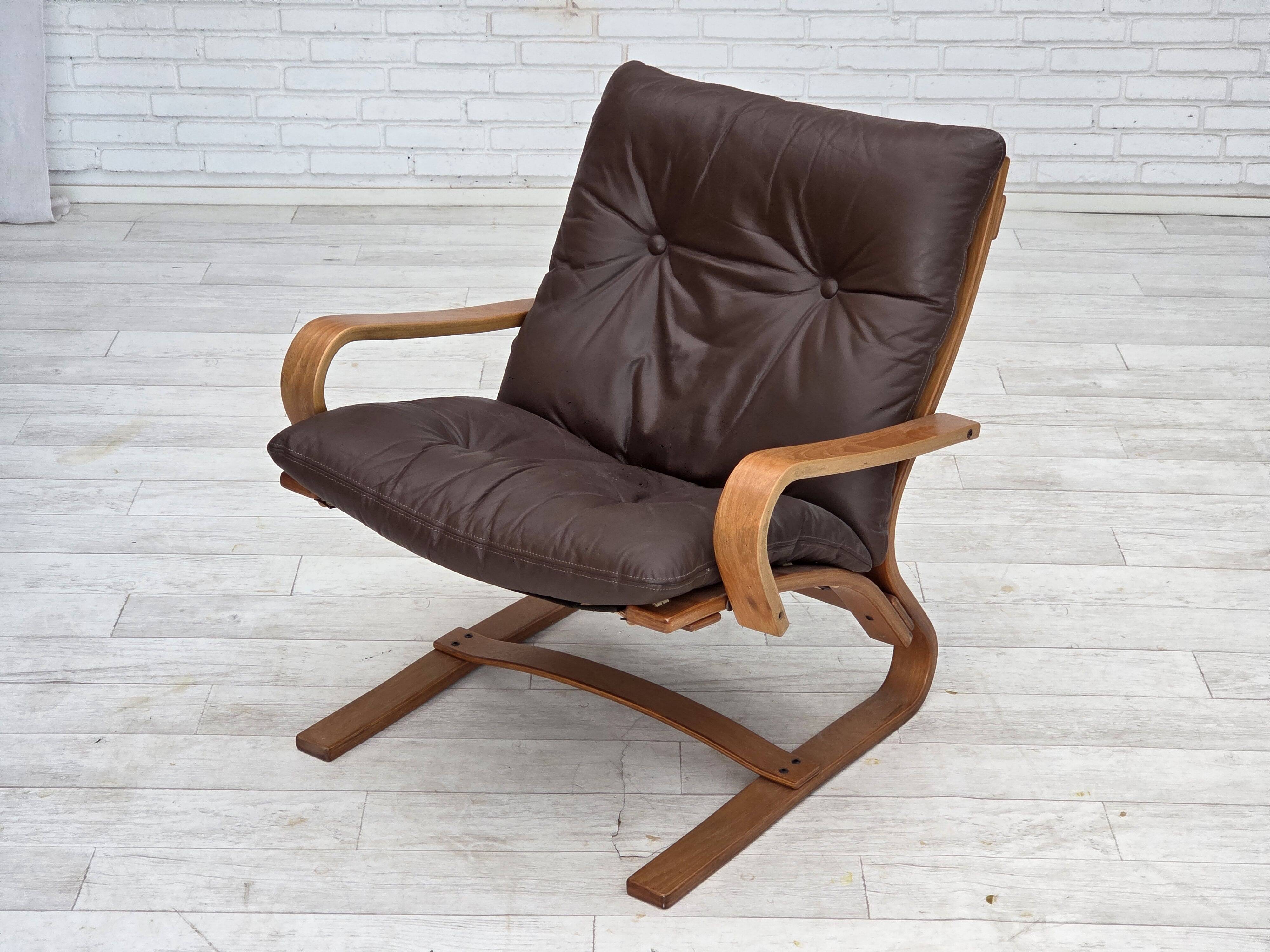 1970s, Danish armchair by Komfort, furniture leather, canvas, bent wood.