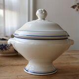 Antique Lonchamp white earthenware soup tureen with blue edging