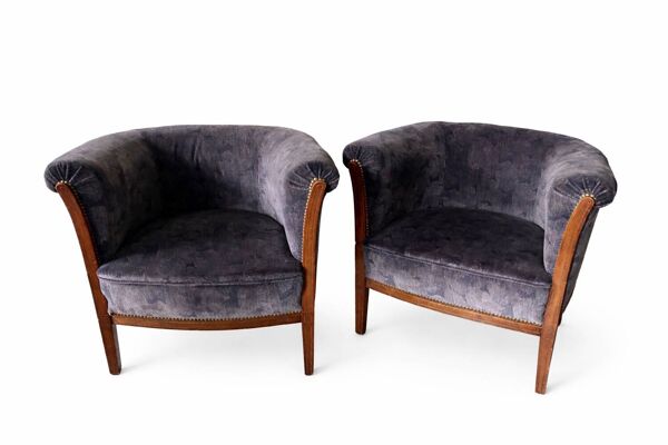 Paire de fauteuils tonneau vintage en velours bleu gris - année 50/60