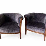 Pair of vintage barrel chairs in blue-grey velvet - 1950s/60s