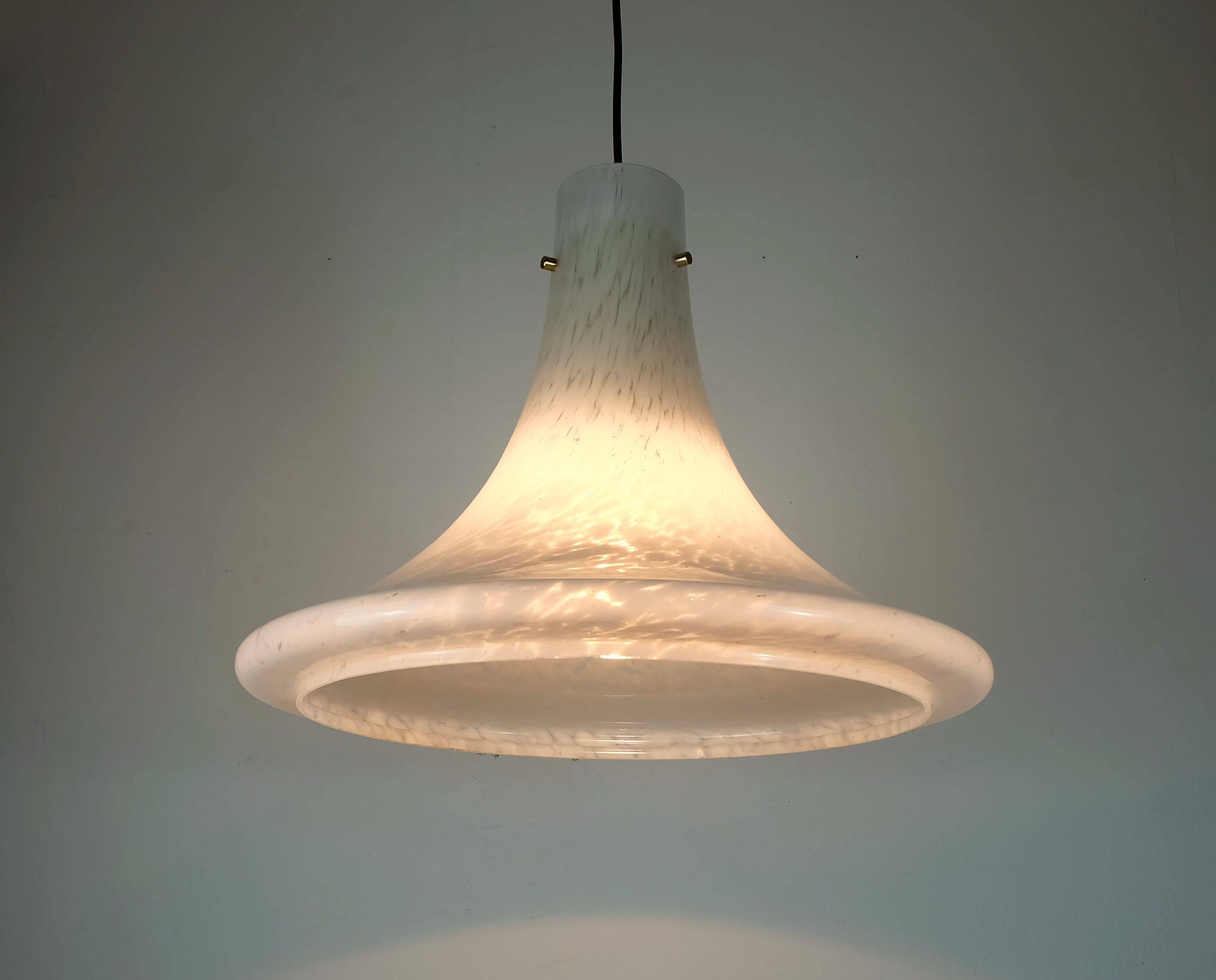 large 1970s glashuette limburg PENDANT LIGHT white opaline bubble glass trumpet-shaped shade P283 42
