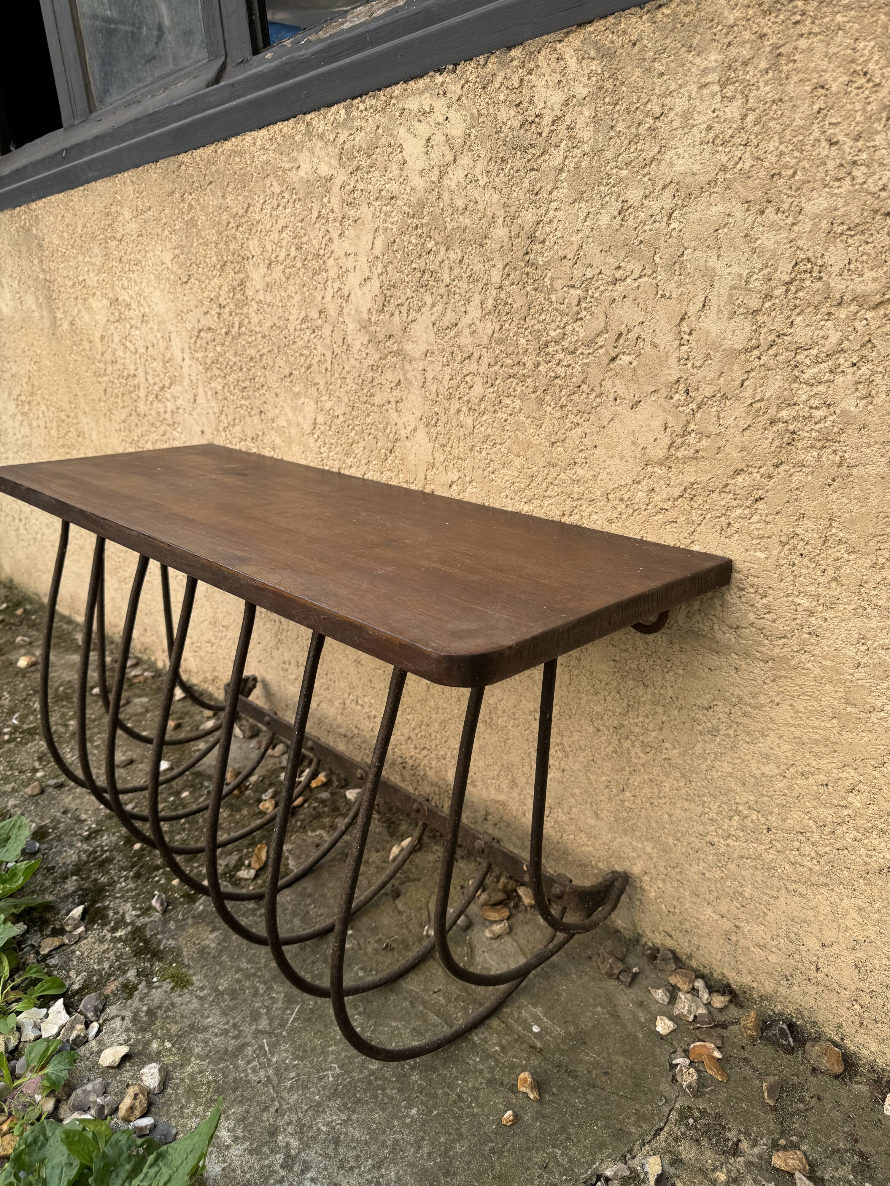 Old iron and wood console measures approximately: height 45 cm length 80 cm, depth 30.5 cm