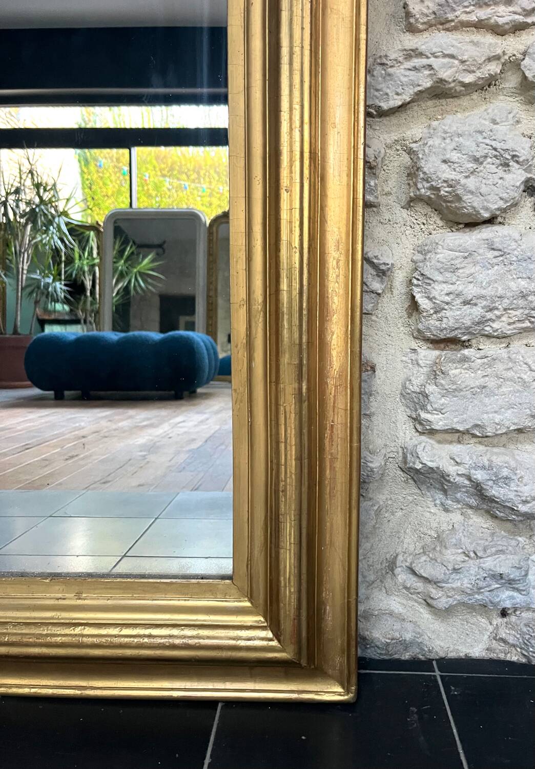 Antique mirror 136.5/98cm Louis-Philippe pearl-gilded with gold leaf.