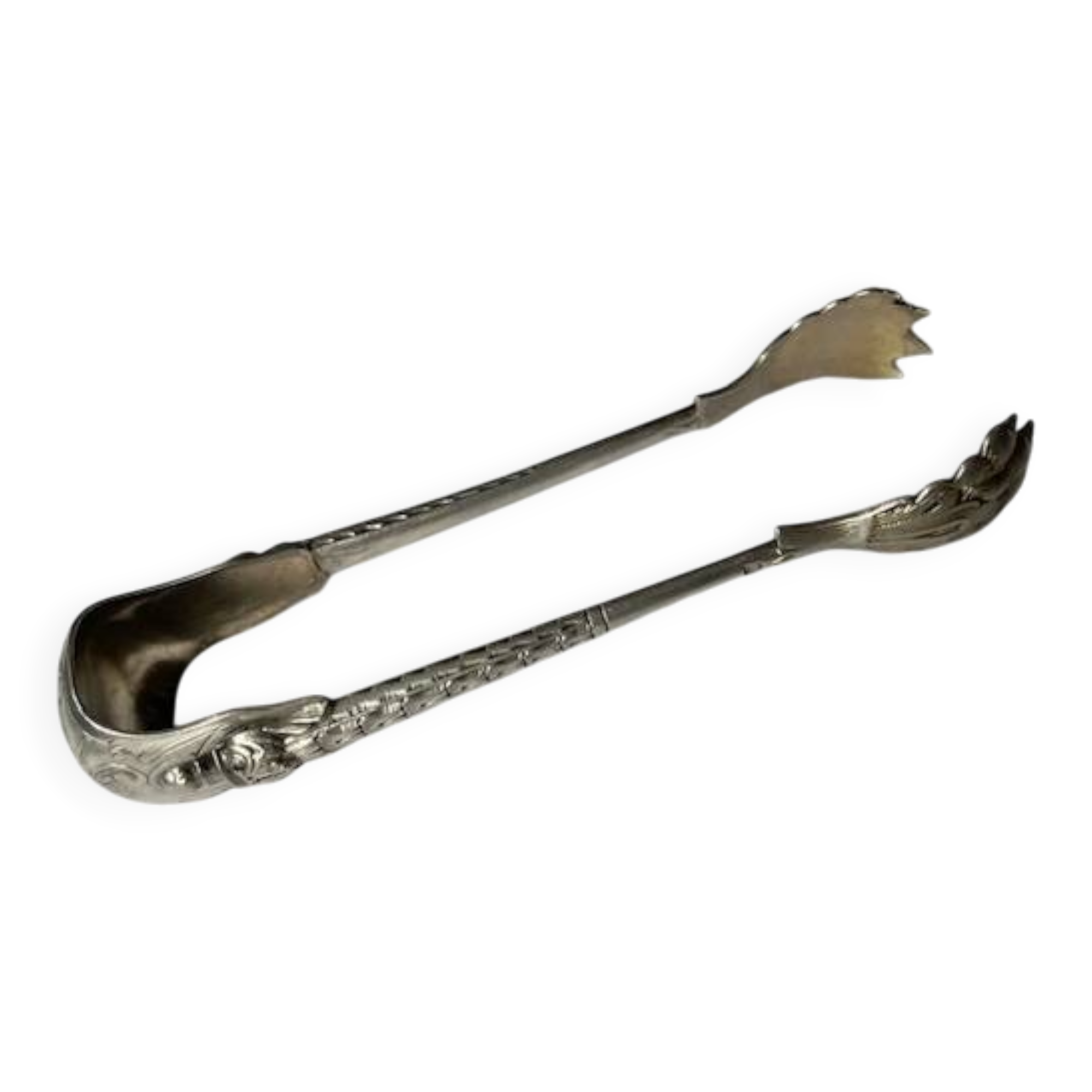 Engraved sugar tongs in solid silver with Minerva hallmark and lion's claws