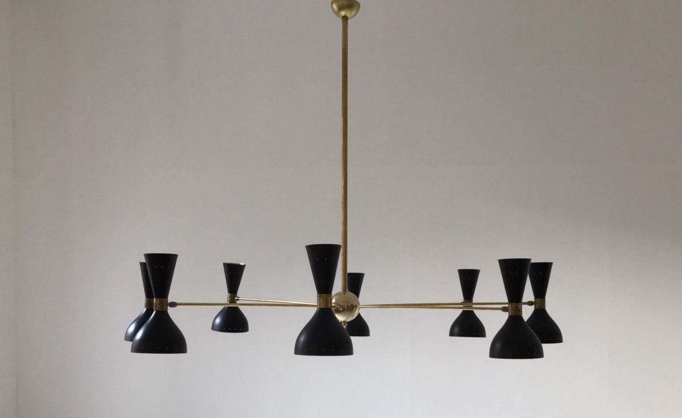 Brass and black painted metal chandelier