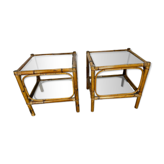 Paire de chevets  bambou et verre fumé