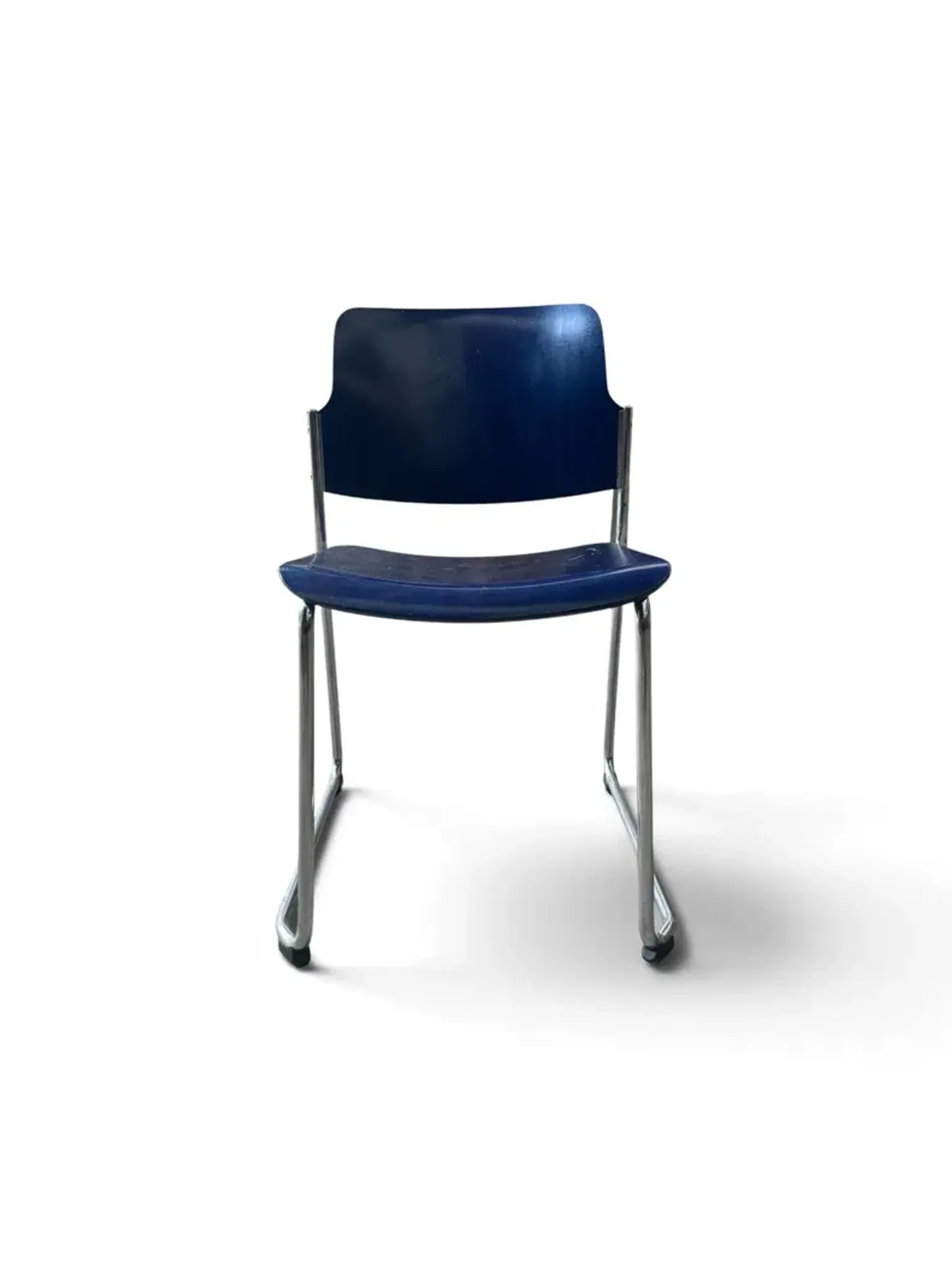Vintage blue chairs, chrome metal structure, modern mid-century retro seats