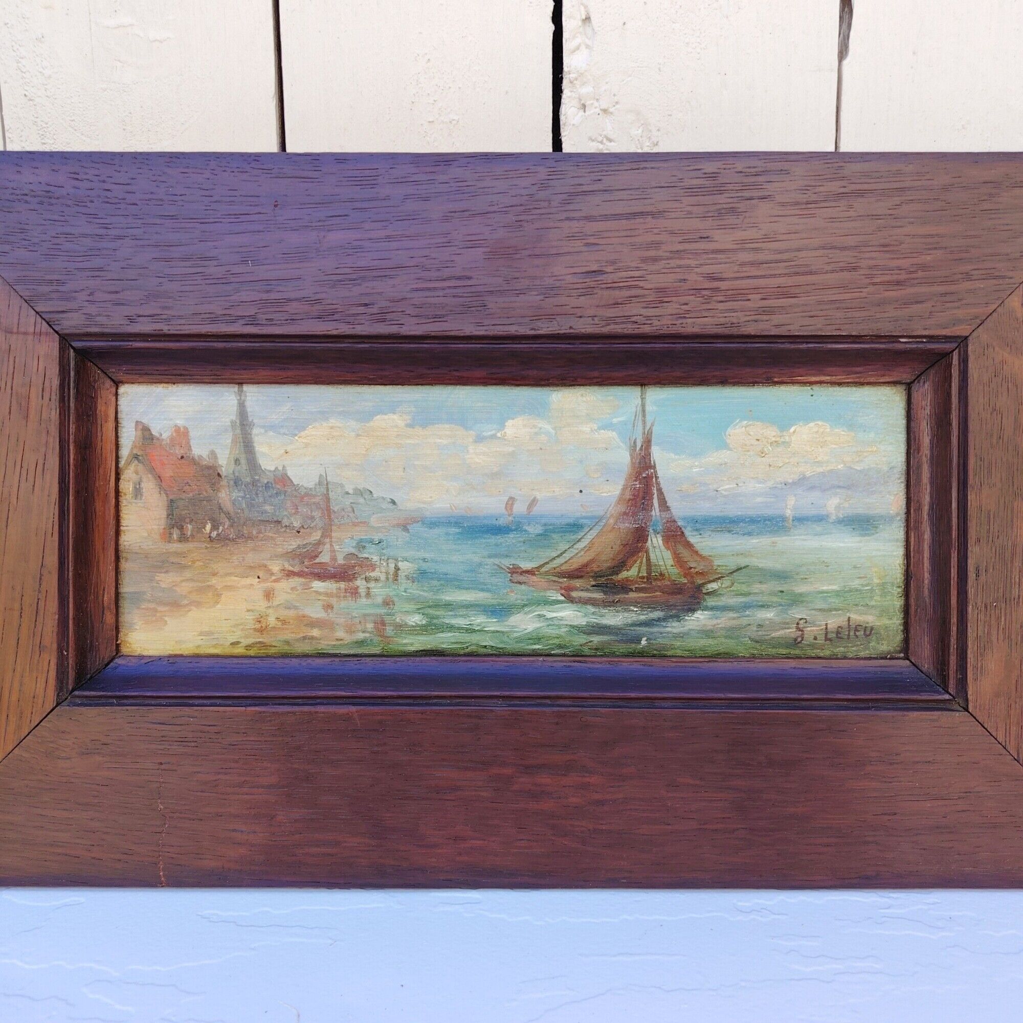 Gouache sur panneau, marine, voilier, S.Leleu