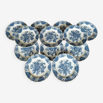 12 assiettes plates anglaises Ridgway "Windsor" ("Asiatic Pheasants") bleu & blanc
