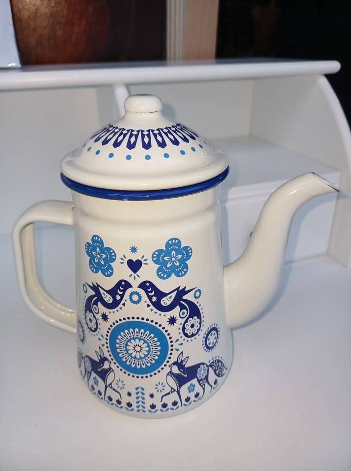 vintage blue and white enamel coffee or teapot