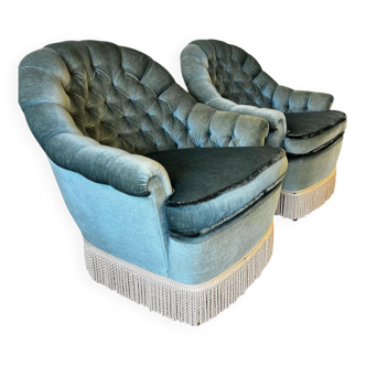 Set of 2 vintage blue armchairs with fringes.