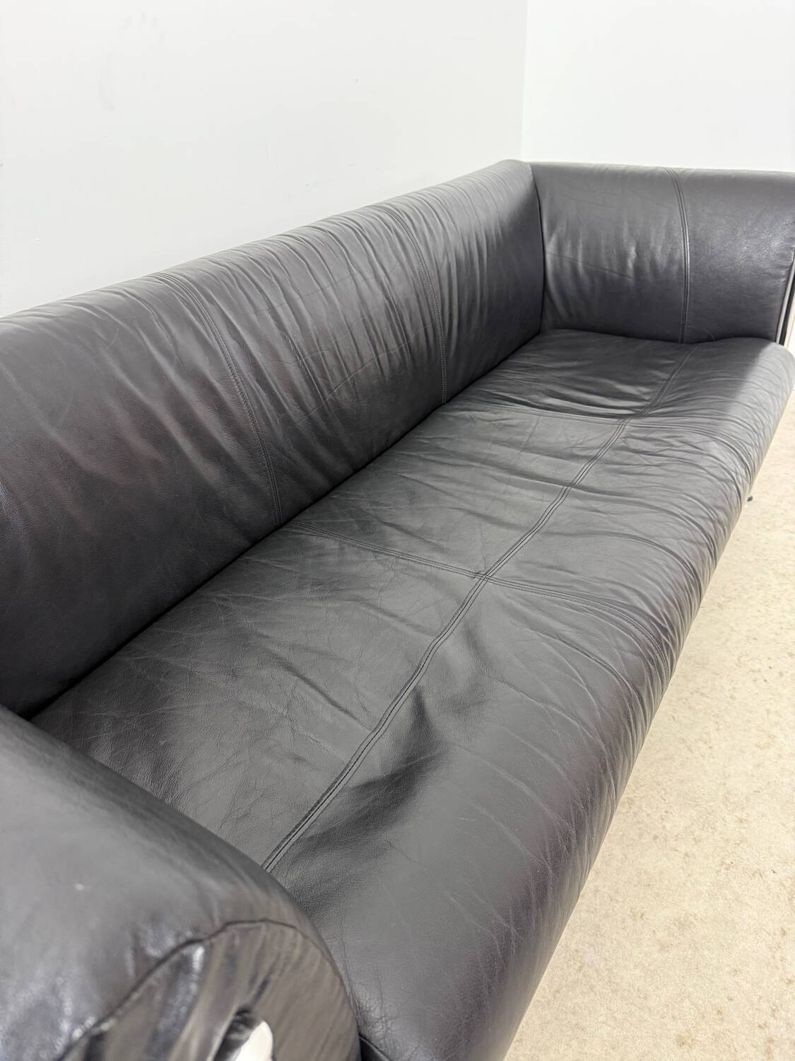 Old 3-seater sofa in tubular and black leather by Kébé, Denmark 1970s