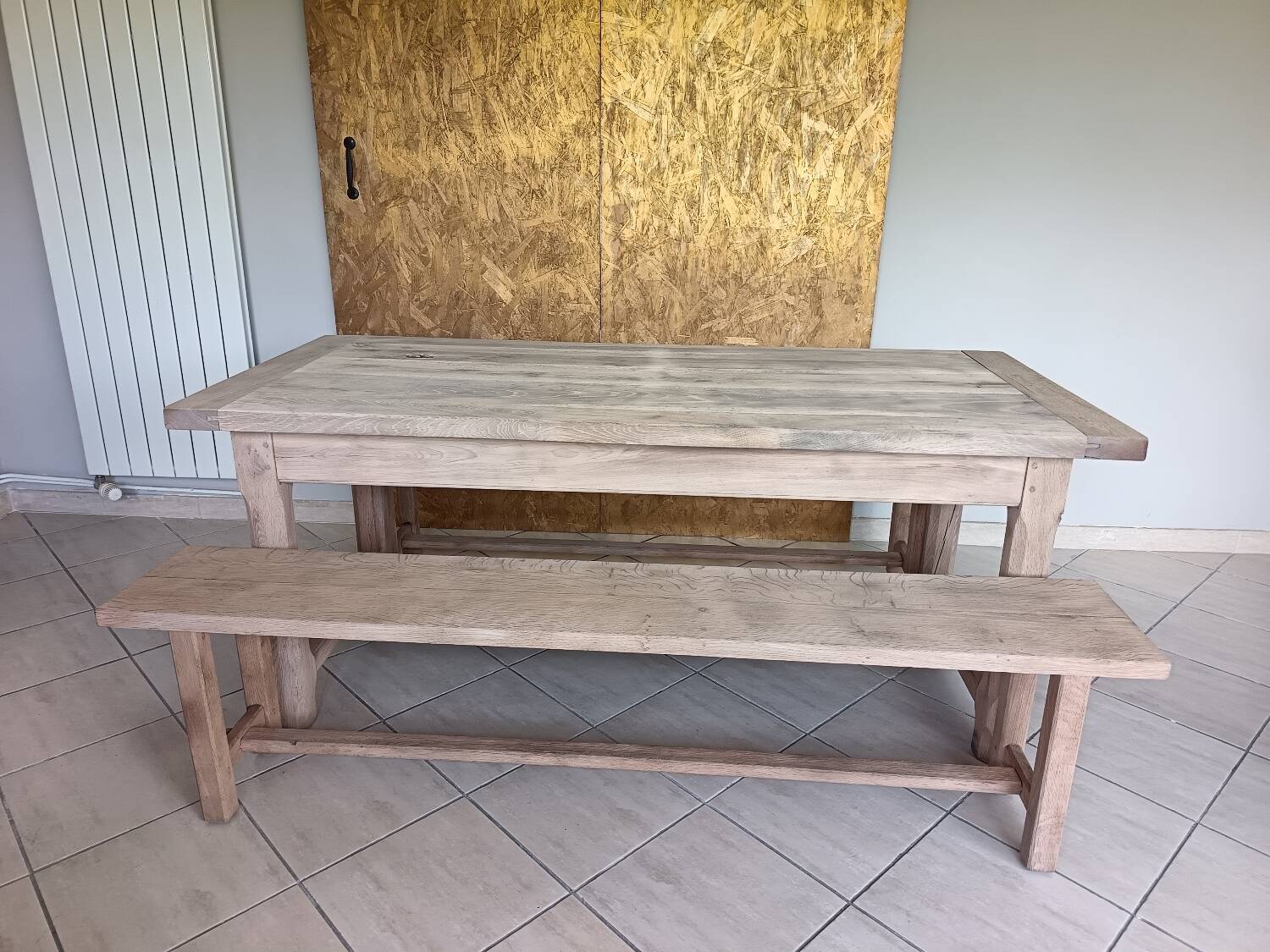 Renovated farmhouse table with 2 drawers and 2 benches