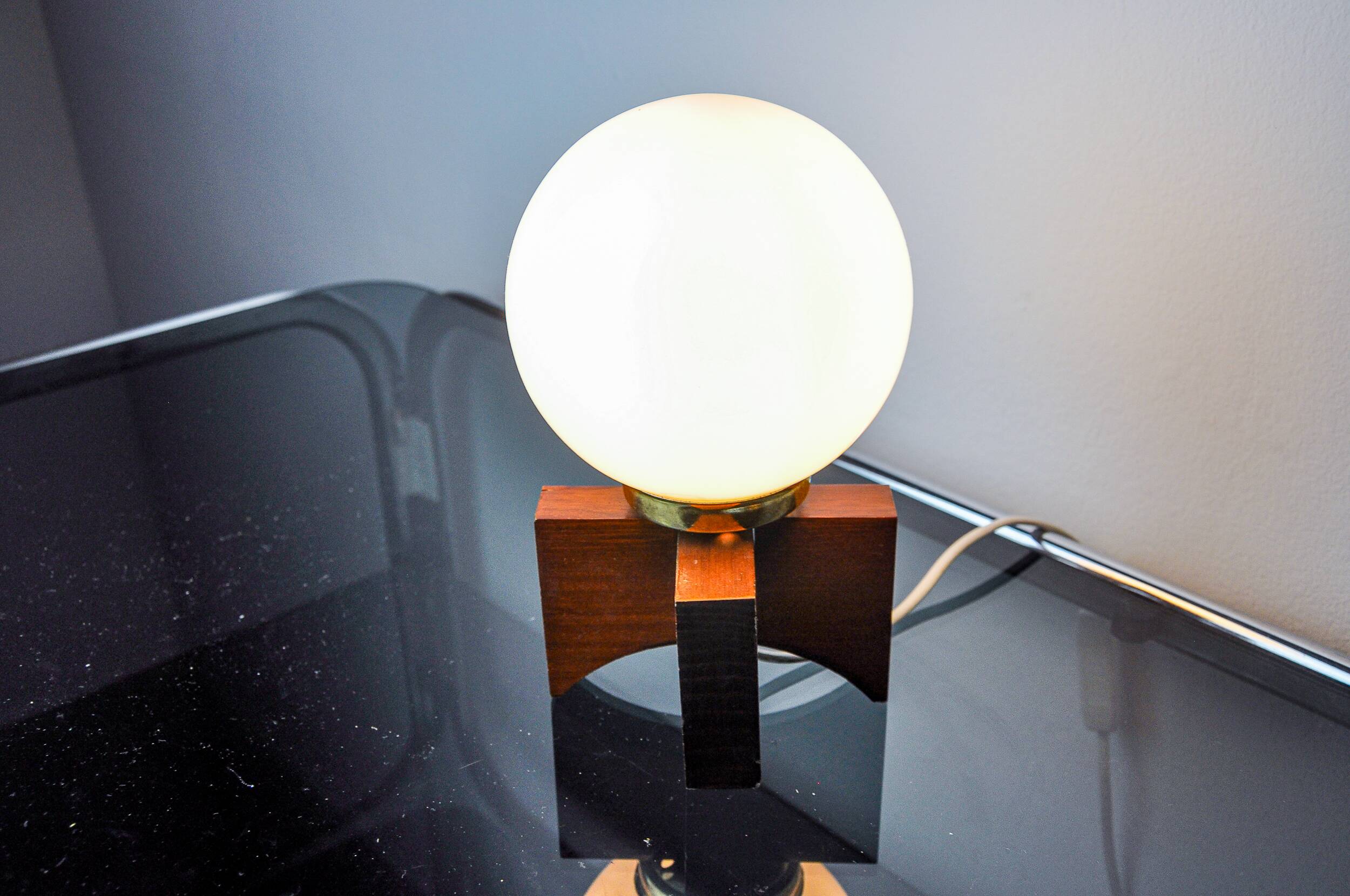 Pine table lamp and opaline globe, popular art, Spain, 1970