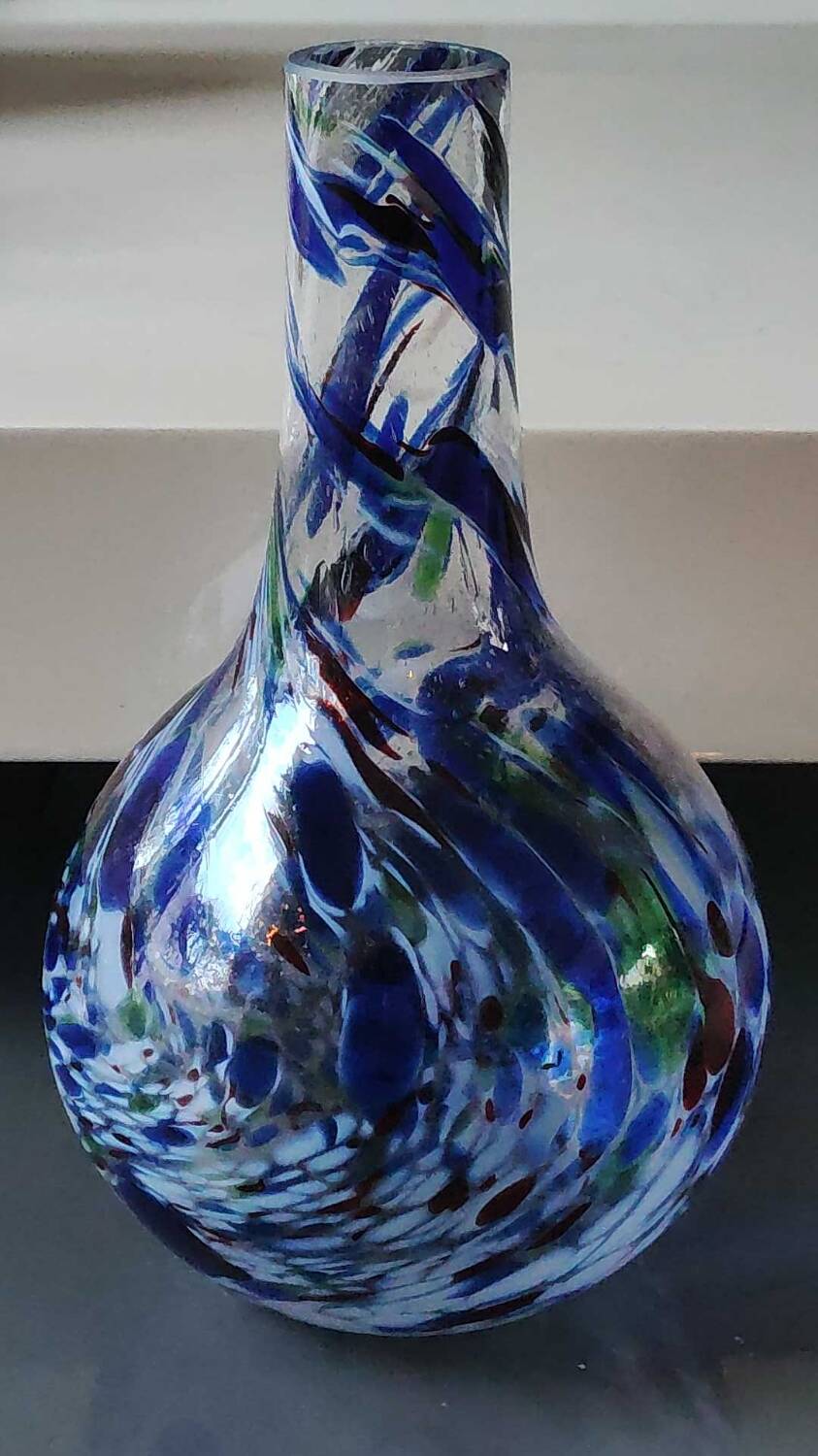 Designer Ball Vase in blown art glass, Murano style. Multi-colored speckles/smoke swirls. Dim 26 x 13 cm