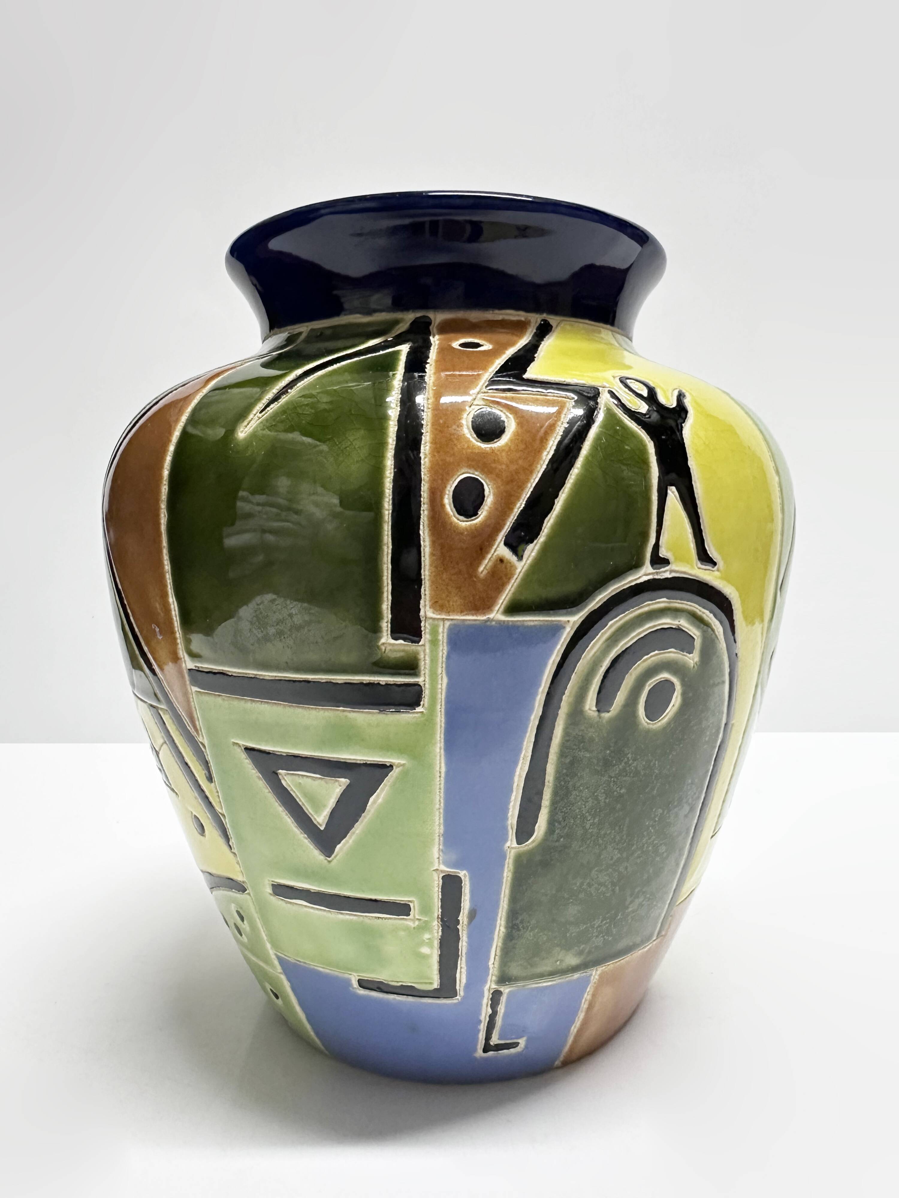 Glazed ceramic vase with Africanist decoration, France 1980s.