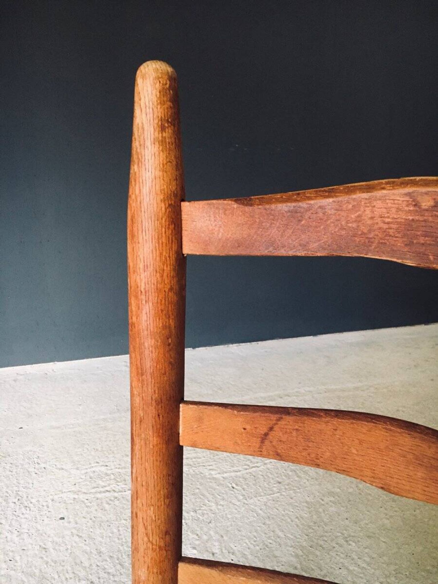 Low rustic ladder back dining chairs in oak and rush, Belgium, 1950s, set of 6.