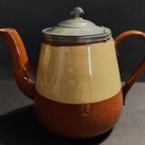 Beige and brown earthenware teapot with pewter lid, early 20th century