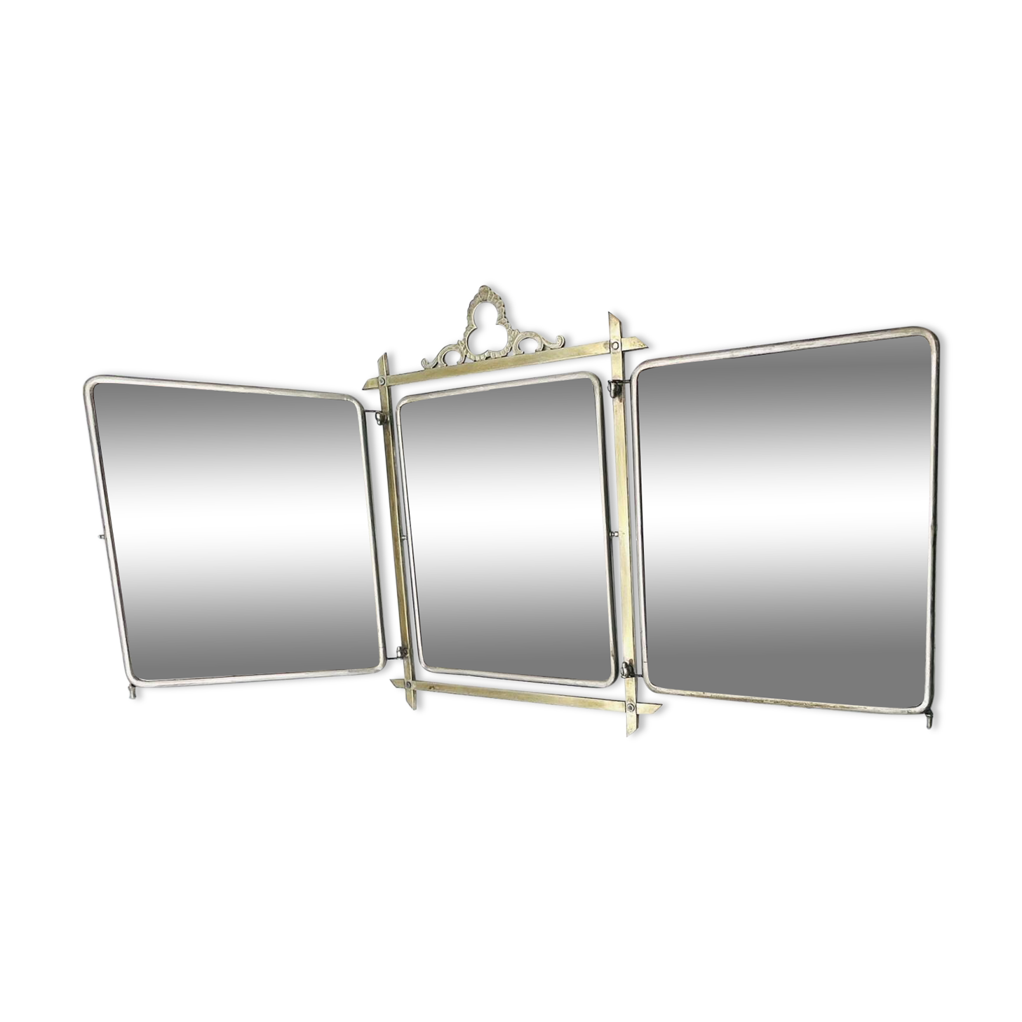 Triptych barber mirror in brass and engraved leather