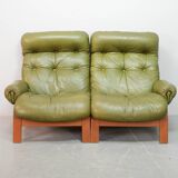 Scandinavian Rybo Rykken Olivegreen Leather 2-Seat Ry-Wing Lounge Sofa, 60s