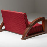 French Art Deco Sofa in Red Striped Velvet and with Swoosh Armrests - 1940's