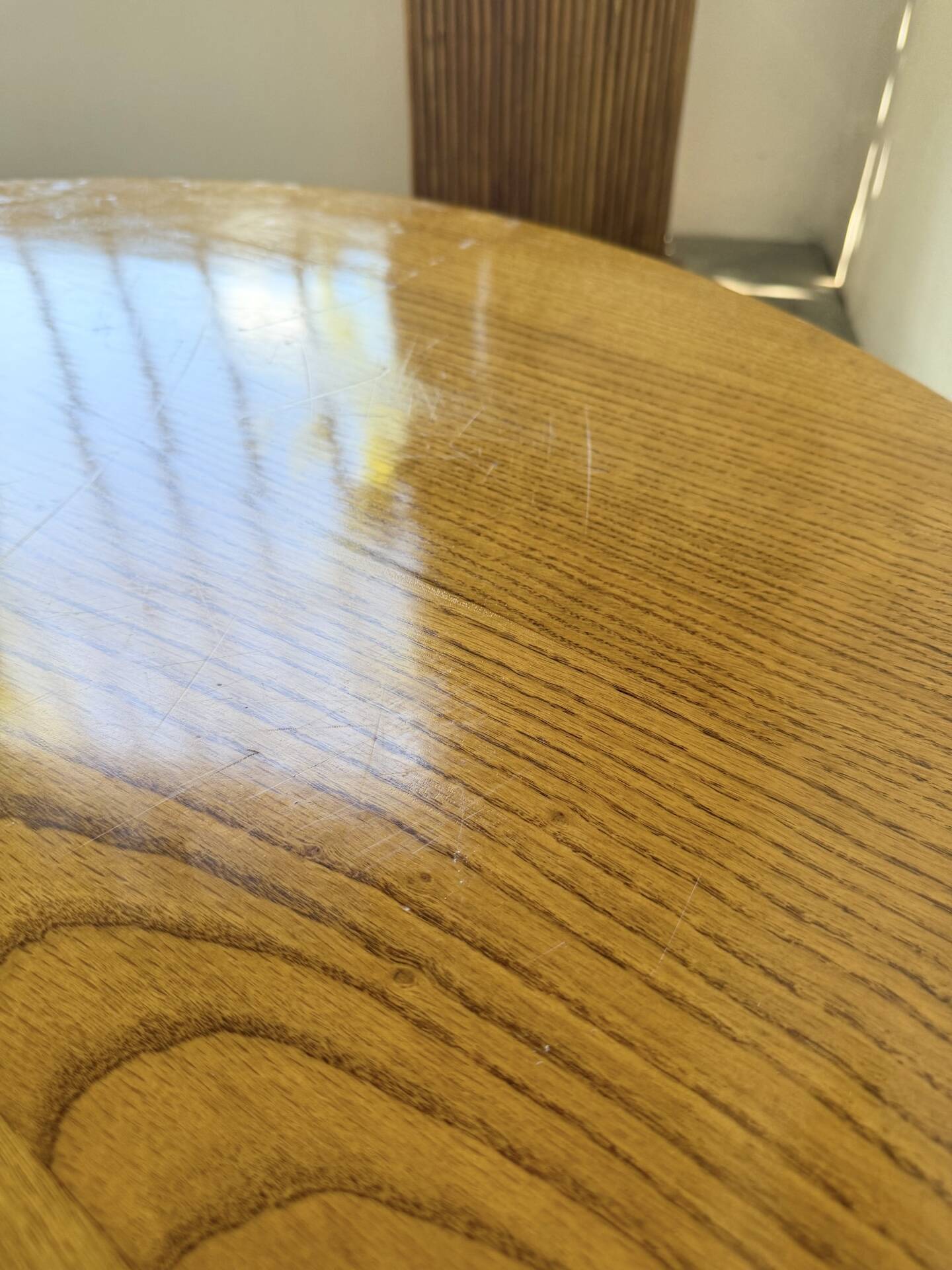 1950s round tripod oak coffee table
