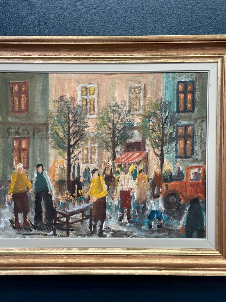 Original Swedish Oil on Canvas – “Market Scene” by Arne Wallsten – Signed