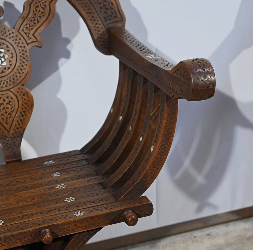 Pair of Savonarola Syrian Walnut Armchairs – Late 19th Century