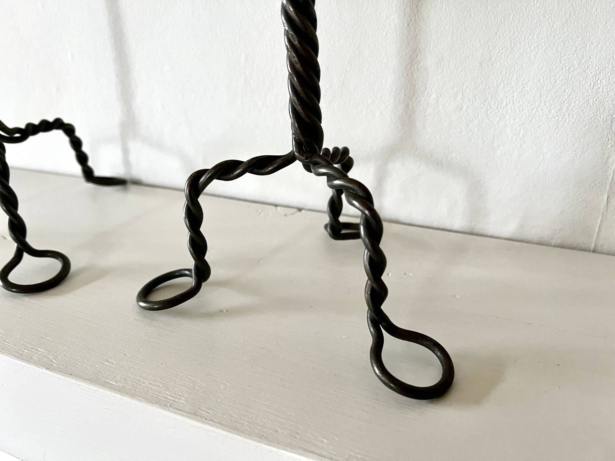 Pair of Arts & Crafts vintage antique candlesticks in wrought iron & copper