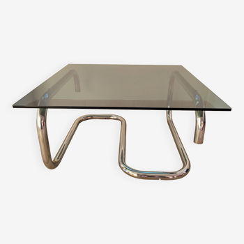 Coffee table in smoked glass and chrome metal