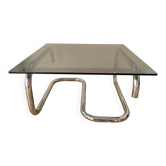 Table basse en verre fumé et métal chromé