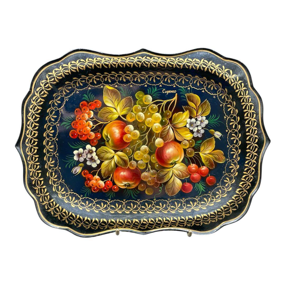 Hand-painted Russian tray, Zhostovo, signed vintage decorative tray.