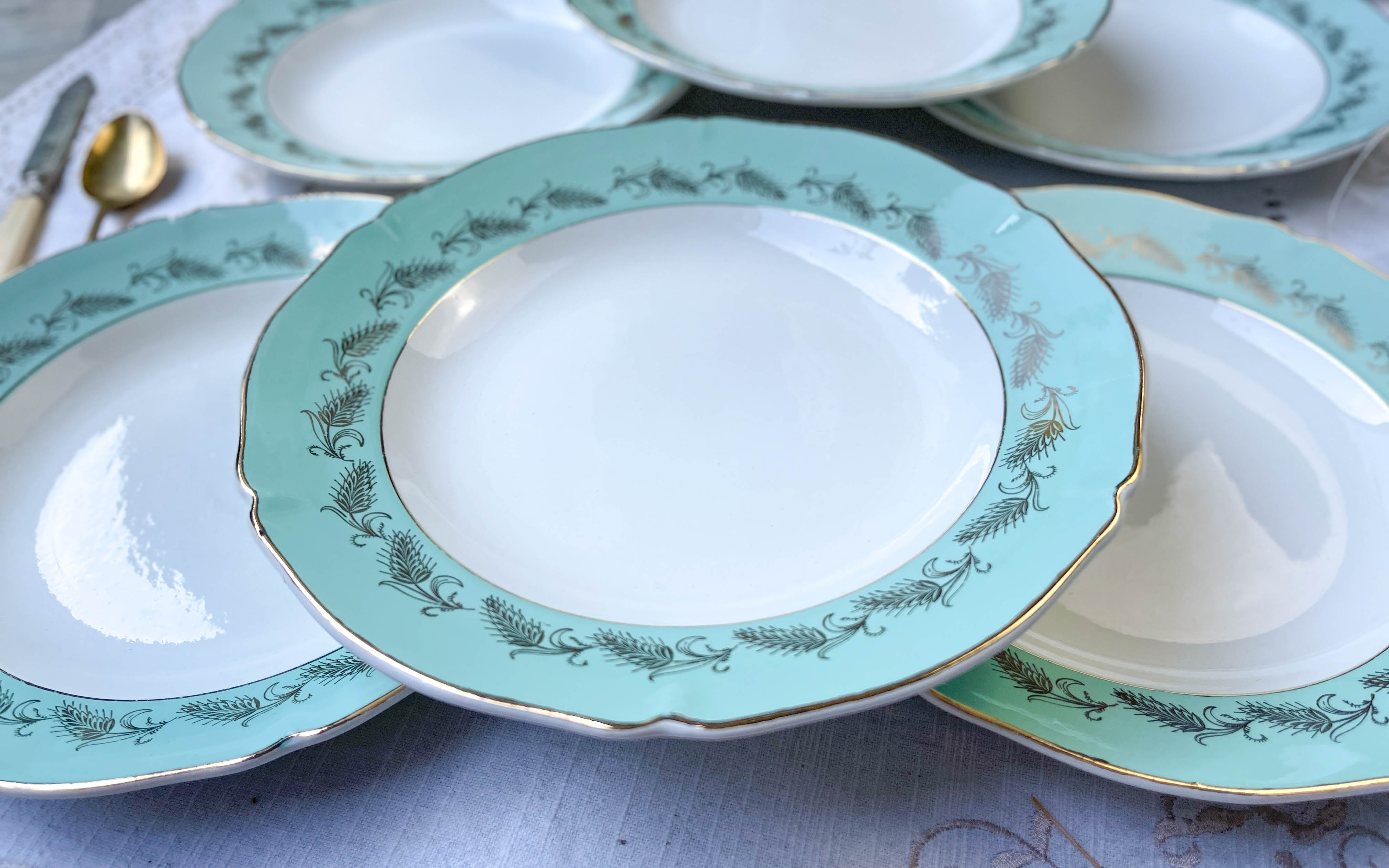 6 assiettes creuses st amand céranord modèle picardie en faïence blanche verte dorée