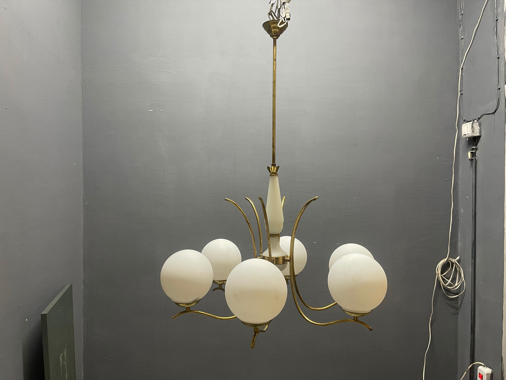 White Opaline Glass & Brass Chandelier, 1960s