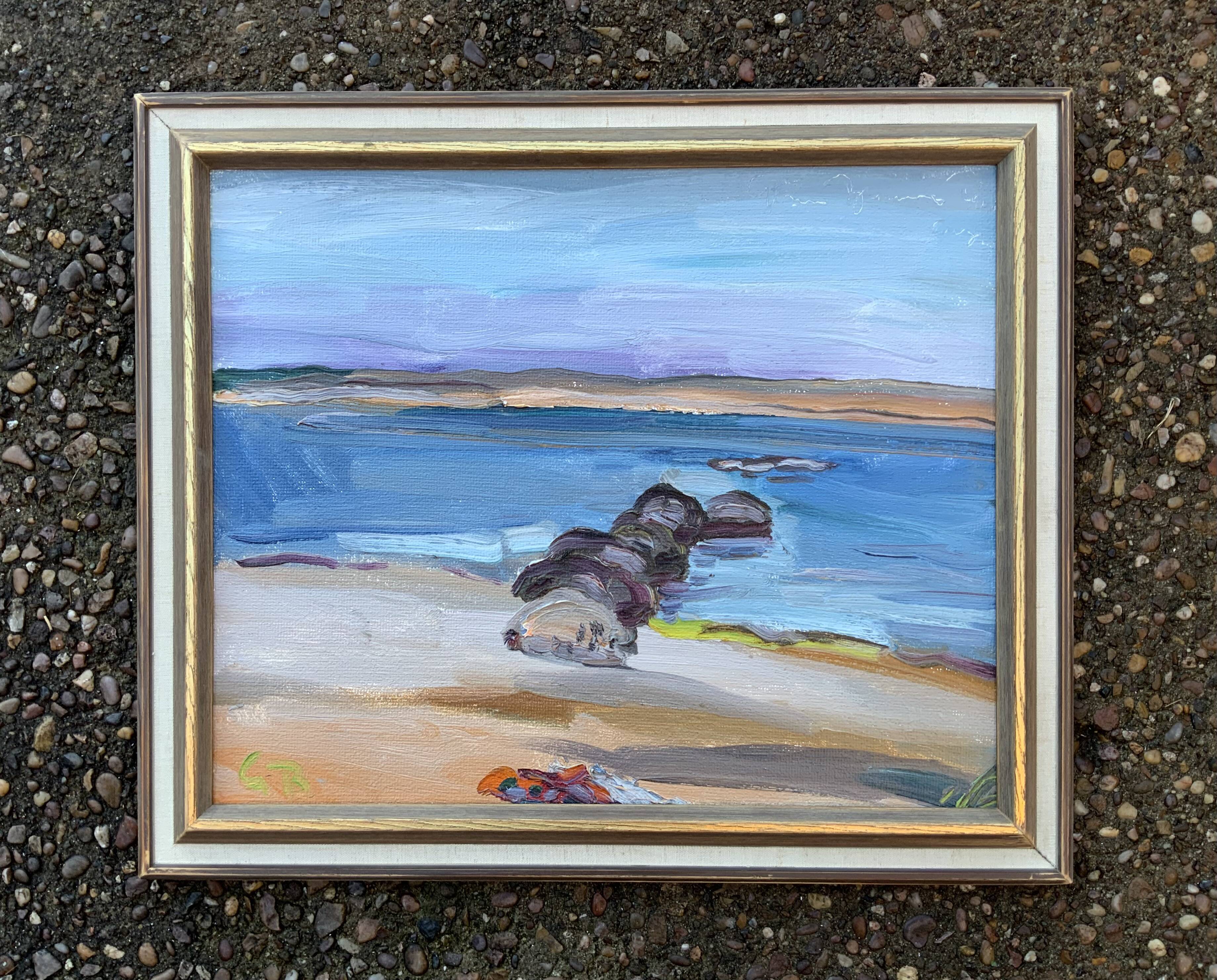 Vintage Swedish Modernists Oil Painting Blue Seascape by G.B. Mid 20th century