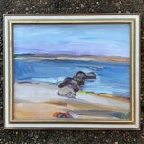 Vintage Swedish Modernists Oil Painting Blue Seascape by G.B. Mid 20th century
