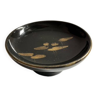 Coupelle céramique sur pied Montières signée noir et or