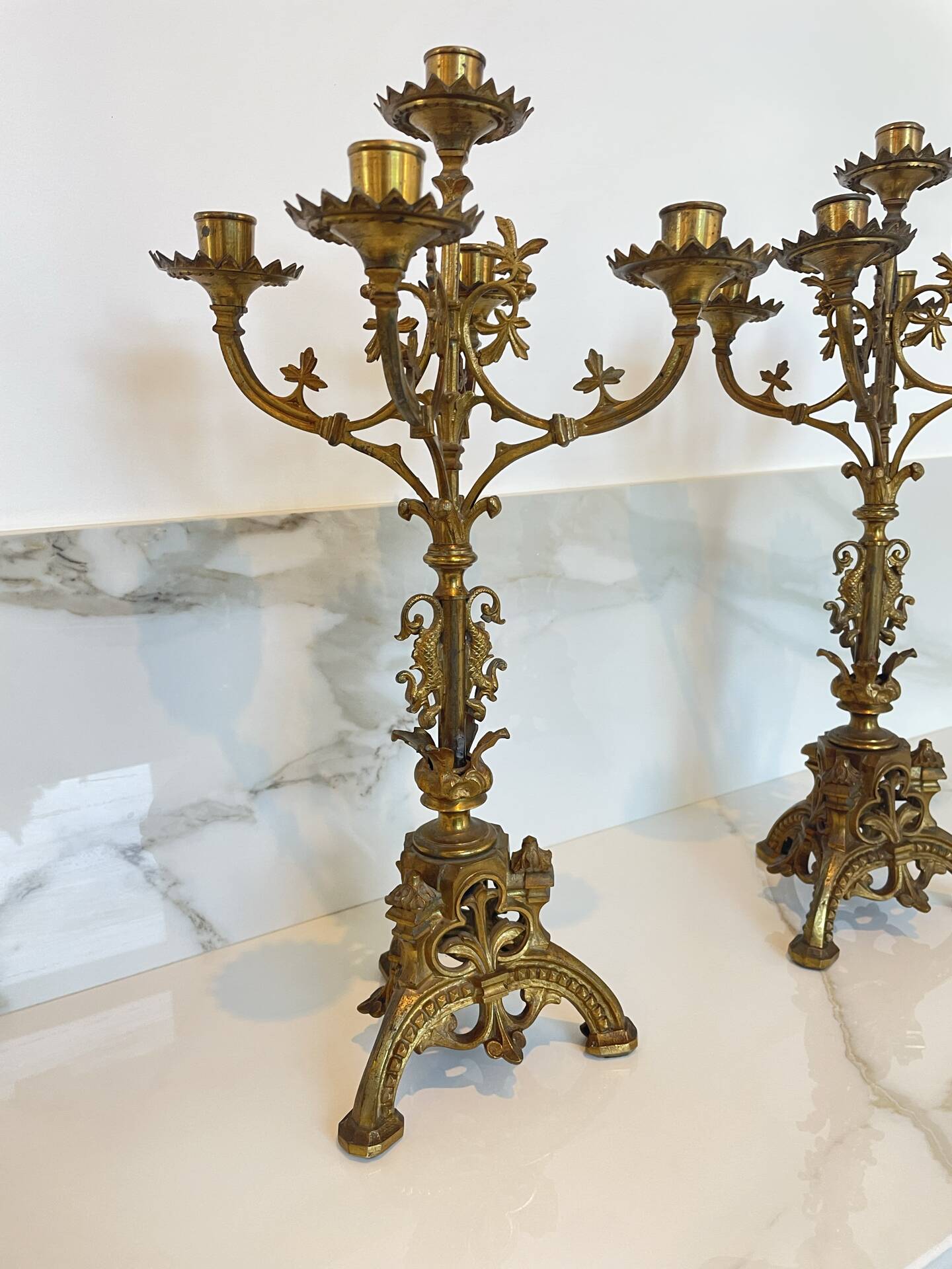 Pair of church candelabra - 19th century - in bronze and brass, 5 lights / c