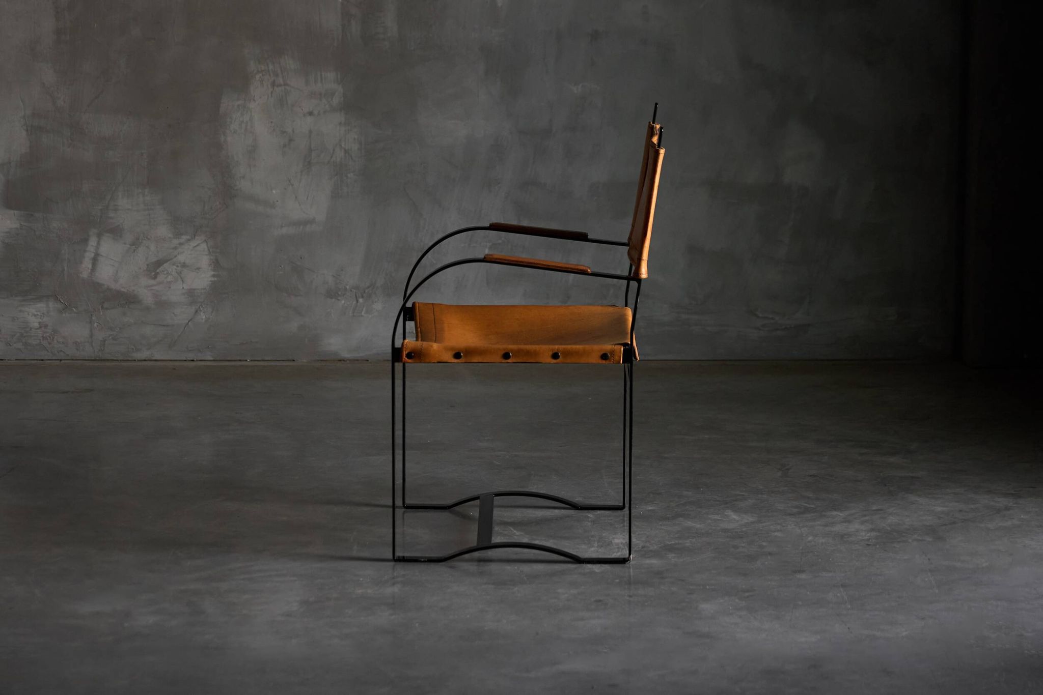 Cognac Leather Armchair, Black Lacquer Steel Frame, Belgium, 1960s