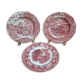 Set of 3 mismatched English dessert plates – Red Toile de Jouy – Enoch Wedgwood – 20 cm