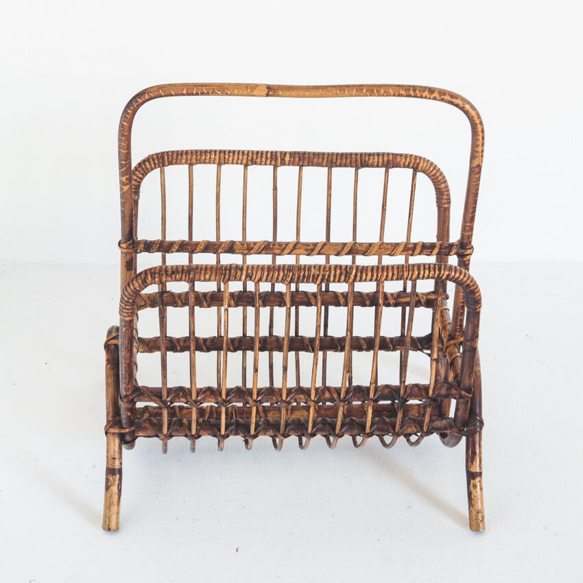 Vintage rattan magazine holder, France 1960