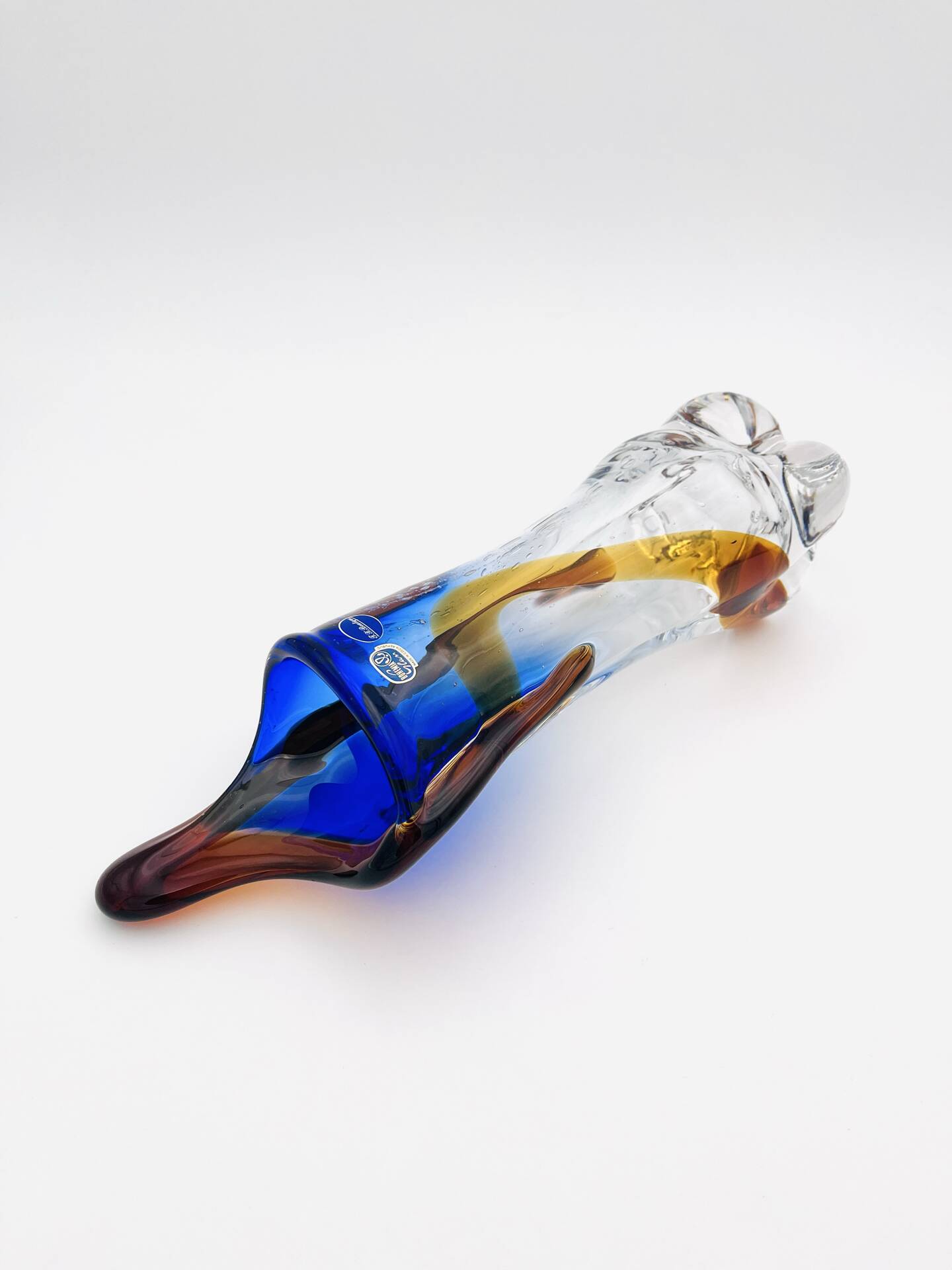 Large stretched glass sculpture vase from Bohemia – Cobalt blue, Amber