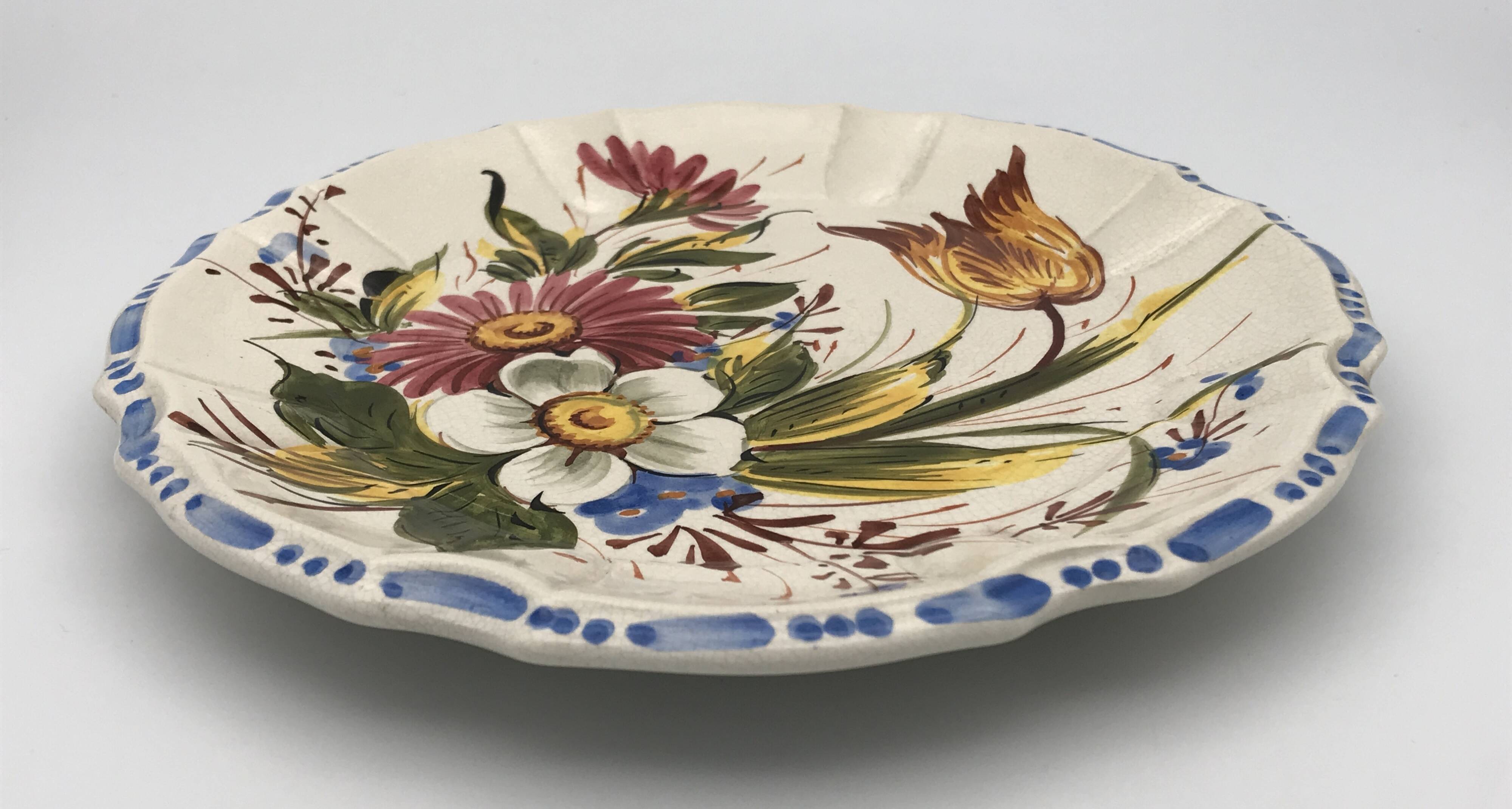 Earthenware wall plate signed bassano, italy, polychrome floral painting decoration