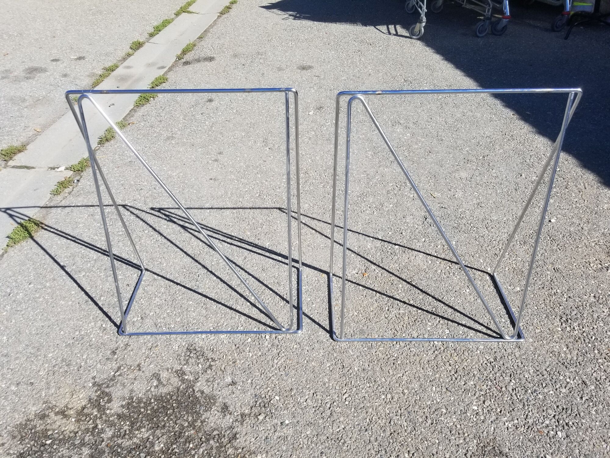 Vintage steel wire desk with chrome trestles and smoked glass top