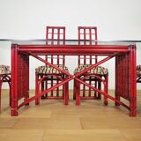 Red bamboo table by Arturo Pozzoli, 1980s, set of 7