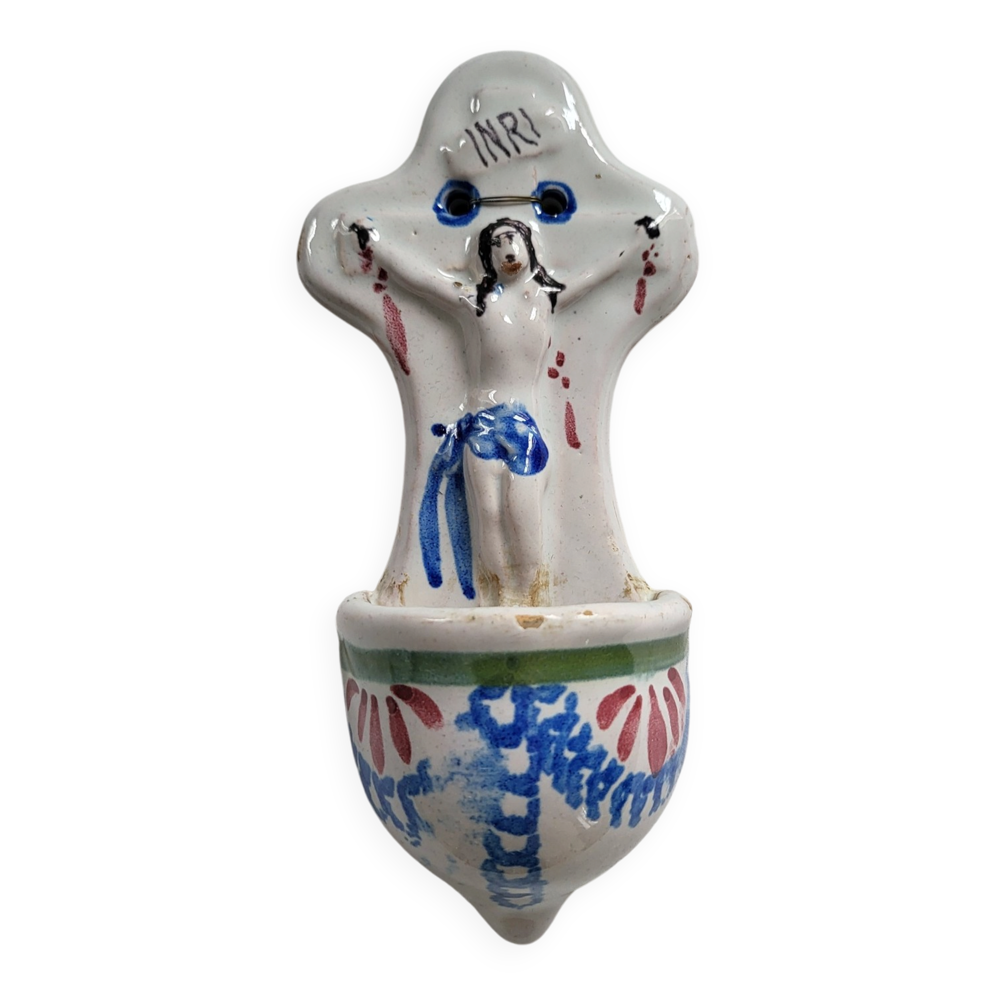 Ancient Faience Baptismal Font Enamelled Cross INRI